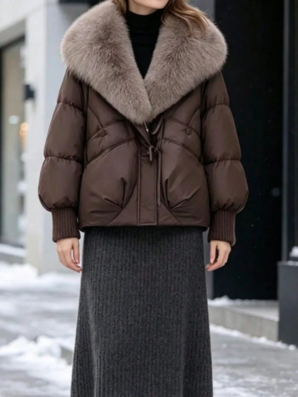 Brown Casual Women's Short Loose Thick Cotton-Padded Jacket